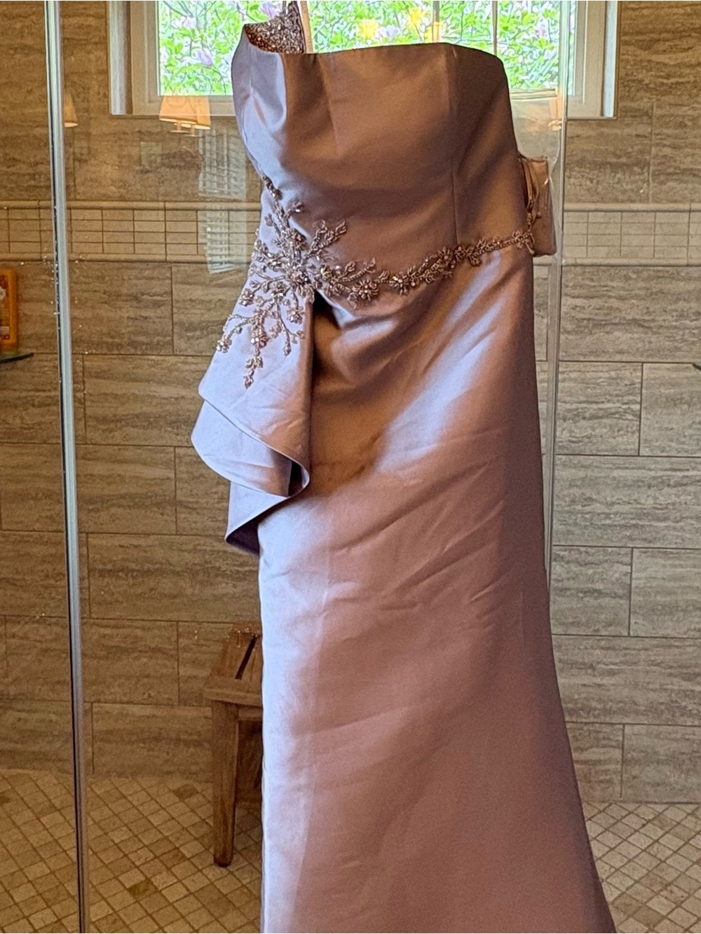 Terani Couture Champagne Satin Mermaid Gown with Draped Capelet Detail - Picture 9 of 9